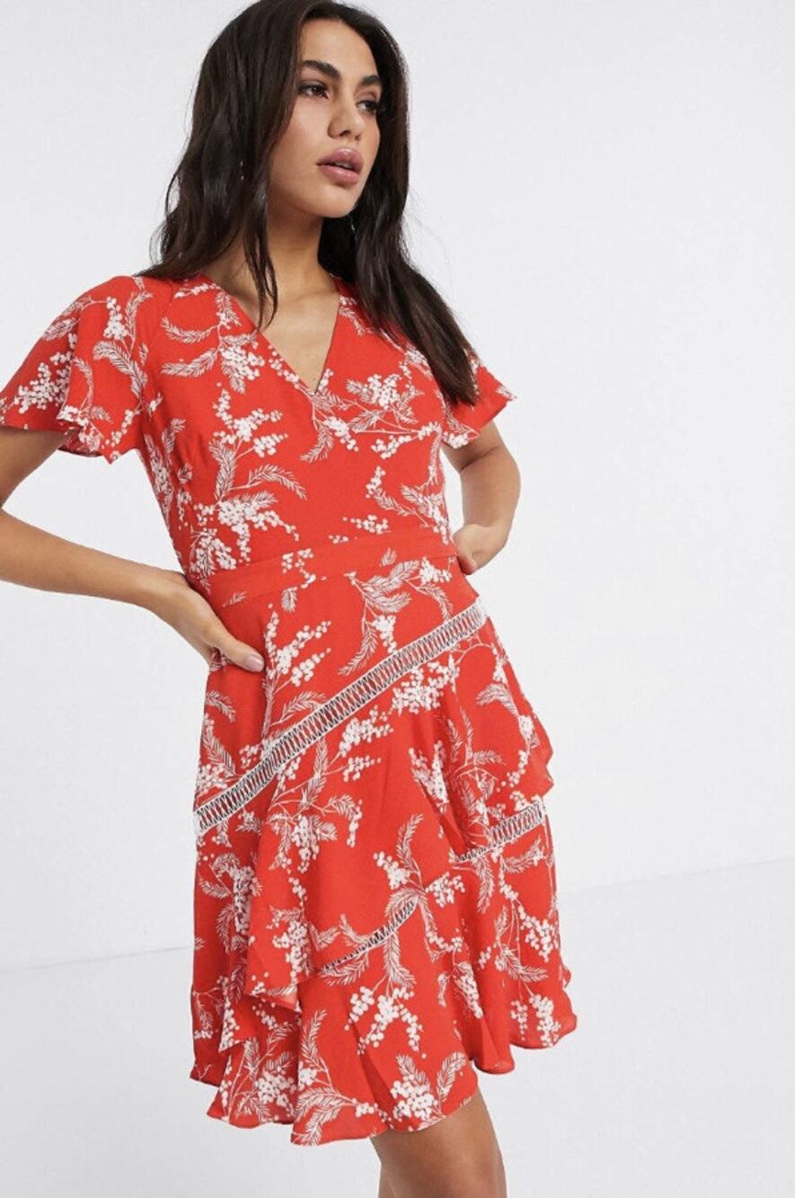 Karen Millen US 6 Ruffle Floral Fit-and-Flare Dress Tiered Lattice Red Vacation